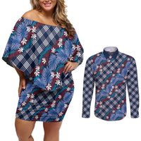 Polynesian Monstera Tiare Floral Couples Matching Off Shoulder Short Dress and Long Sleeve Button Shirt Royal Blue Tropical Plaid - Polynesian Pride