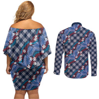 Polynesian Monstera Tiare Floral Couples Matching Off Shoulder Short Dress and Long Sleeve Button Shirt Royal Blue Tropical Plaid - Polynesian Pride