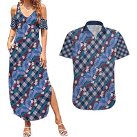 Polynesian Monstera Tiare Floral Couples Matching Summer Maxi Dress and Hawaiian Shirt Royal Blue Tropical Plaid - Polynesian Pride