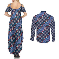 Polynesian Monstera Tiare Floral Couples Matching Summer Maxi Dress and Long Sleeve Button Shirt Royal Blue Tropical Plaid - Polynesian Pride