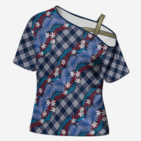 Polynesian Monstera Tiare Floral Cross Shoulder Shirt Royal Blue Tropical Plaid - Polynesian Pride