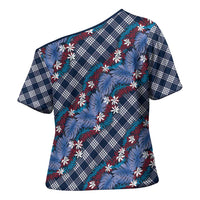 Polynesian Monstera Tiare Floral Cross Shoulder Shirt Royal Blue Tropical Plaid - Polynesian Pride