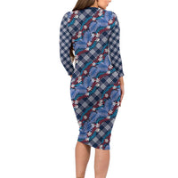 Polynesian Monstera Tiare Floral Family Matching Long Sleeve Bodycon Dress and Hawaiian Shirt Royal Blue Tropical Plaid - Polynesian Pride