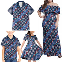 Polynesian Monstera Tiare Floral Family Matching Off Shoulder Maxi Dress and Hawaiian Shirt Royal Blue Tropical Plaid - Polynesian Pride
