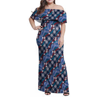 Polynesian Monstera Tiare Floral Family Matching Off Shoulder Maxi Dress and Hawaiian Shirt Royal Blue Tropical Plaid - Polynesian Pride