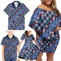 Polynesian Monstera Tiare Floral Family Matching Off Shoulder Short Dress and Hawaiian Shirt Royal Blue Tropical Plaid - Polynesian Pride