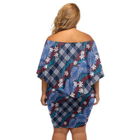 Polynesian Monstera Tiare Floral Family Matching Off Shoulder Short Dress and Hawaiian Shirt Royal Blue Tropical Plaid - Polynesian Pride
