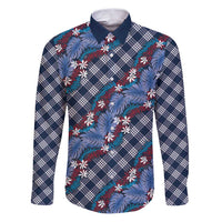 Polynesian Monstera Tiare Floral Family Matching Puletasi and Hawaiian Shirt Royal Blue Tropical Plaid - Polynesian Pride