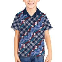 Polynesian Monstera Tiare Floral Kid Hawaiian Shirt Royal Blue Tropical Plaid - Polynesian Pride