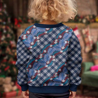Polynesian Monstera Tiare Floral Kid Ugly Christmas Sweater Royal Blue Tropical Plaid - Polynesian Pride