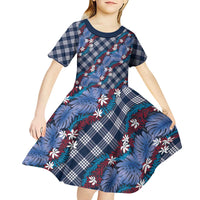 Polynesian Monstera Tiare Floral Kid Short Sleeve Dress Royal Blue Tropical Plaid - Polynesian Pride