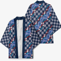 Polynesian Monstera Tiare Floral Kimono Royal Blue Tropical Plaid - Polynesian Pride