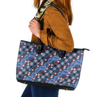 Polynesian Monstera Tiare Floral Leather Tote Bag Royal Blue Tropical Plaid - Polynesian Pride
