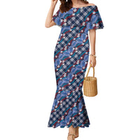 Polynesian Monstera Tiare Floral Mermaid Dress Royal Blue Tropical Plaid - Polynesian Pride