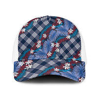 Polynesian Monstera Tiare Floral Mesh Trucker Cap Royal Blue Tropical Plaid - Polynesian Pride