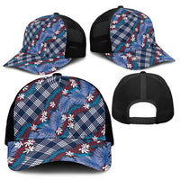 Polynesian Monstera Tiare Floral Mesh Trucker Cap Royal Blue Tropical Plaid - Polynesian Pride