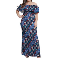 Polynesian Monstera Tiare Floral Off Shoulder Maxi Dress Royal Blue Tropical Plaid - Polynesian Pride