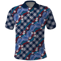 Polynesian Monstera Tiare Floral Polo Shirt Royal Blue Tropical Plaid - Polynesian Pride