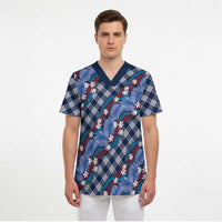 Polynesian Monstera Tiare Floral Scrub Top Royal Blue Tropical Plaid - Polynesian Pride