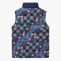 Polynesian Monstera Tiare Floral Sleeveless Puffer Jacket Royal Blue Tropical Plaid - Polynesian Pride