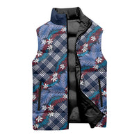 Polynesian Monstera Tiare Floral Sleeveless Puffer Jacket Royal Blue Tropical Plaid - Polynesian Pride