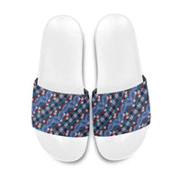 Polynesian Monstera Tiare Floral Slide Sandals Royal Blue Tropical Plaid - Polynesian Pride