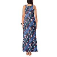 Polynesian Monstera Tiare Floral Tank Maxi Dress Royal Blue Tropical Plaid - Polynesian Pride
