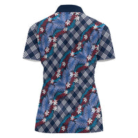 Polynesian Monstera Tiare Floral Women Polo Shirt Royal Blue Tropical Plaid - Polynesian Pride