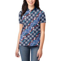 Polynesian Monstera Tiare Floral Women Polo Shirt Royal Blue Tropical Plaid - Polynesian Pride