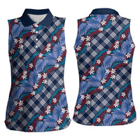 Polynesian Monstera Tiare Floral Women Sleeveless Polo Shirt Royal Blue Tropical Plaid - Polynesian Pride
