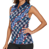 Polynesian Monstera Tiare Floral Women Sleeveless Polo Shirt Royal Blue Tropical Plaid - Polynesian Pride