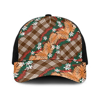 Polynesian Monstera Tiare Floral Baseball Net Cap Chocolate Brown Tropical Plaid - Polynesian Pride