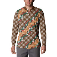 Polynesian Monstera Tiare Floral Button Sweatshirt Chocolate Brown Tropical Plaid - Polynesian Pride