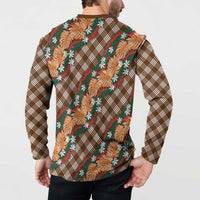 Polynesian Monstera Tiare Floral Button Sweatshirt Chocolate Brown Tropical Plaid - Polynesian Pride