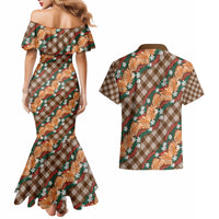Polynesian Monstera Tiare Floral Couples Matching Mermaid Dress and Hawaiian Shirt Chocolate Brown Tropical Plaid - Polynesian Pride