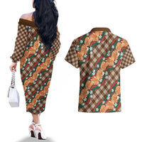 Polynesian Monstera Tiare Floral Couples Matching Off The Shoulder Long Sleeve Dress and Hawaiian Shirt Chocolate Brown Tropical Plaid - Polynesian Pride