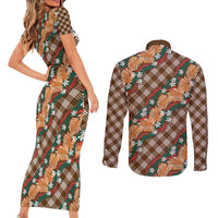 Polynesian Monstera Tiare Floral Couples Matching Short Sleeve Bodycon Dress and Long Sleeve Button Shirt Chocolate Brown Tropical Plaid - Polynesian Pride