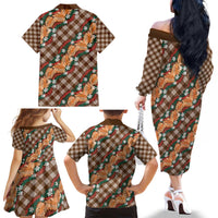 Polynesian Monstera Tiare Floral Family Matching Off The Shoulder Long Sleeve Dress and Hawaiian Shirt Chocolate Brown Tropical Plaid - Polynesian Pride