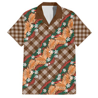 Polynesian Monstera Tiare Floral Family Matching Off The Shoulder Long Sleeve Dress and Hawaiian Shirt Chocolate Brown Tropical Plaid - Polynesian Pride