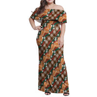 Polynesian Monstera Tiare Floral Family Matching Off Shoulder Maxi Dress and Hawaiian Shirt Chocolate Brown Tropical Plaid - Polynesian Pride