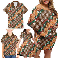 Polynesian Monstera Tiare Floral Family Matching Off Shoulder Short Dress and Hawaiian Shirt Chocolate Brown Tropical Plaid - Polynesian Pride
