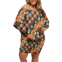 Polynesian Monstera Tiare Floral Family Matching Off Shoulder Short Dress and Hawaiian Shirt Chocolate Brown Tropical Plaid - Polynesian Pride
