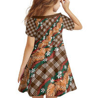 Polynesian Monstera Tiare Floral Family Matching Short Sleeve Bodycon Dress and Hawaiian Shirt Chocolate Brown Tropical Plaid - Polynesian Pride