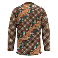 Polynesian Monstera Tiare Floral Hockey Jersey Chocolate Brown Tropical Plaid - Polynesian Pride