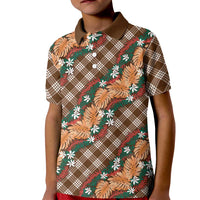 Polynesian Monstera Tiare Floral Kid Polo Shirt Chocolate Brown Tropical Plaid - Polynesian Pride