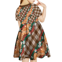 Polynesian Monstera Tiare Floral Kid Short Sleeve Dress Chocolate Brown Tropical Plaid - Polynesian Pride