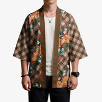 Polynesian Monstera Tiare Floral Kimono Chocolate Brown Tropical Plaid - Polynesian Pride