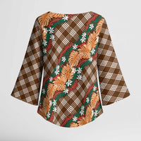 Polynesian Monstera Tiare Floral Kimono Sleeve Blouse Chocolate Brown Tropical Plaid - Polynesian Pride