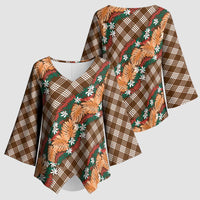 Polynesian Monstera Tiare Floral Kimono Sleeve Blouse Chocolate Brown Tropical Plaid - Polynesian Pride