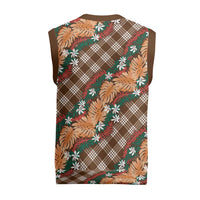Polynesian Monstera Tiare Floral Christmas Knitted V-Neck Vest Chocolate Brown Tropical Plaid - Polynesian Pride
